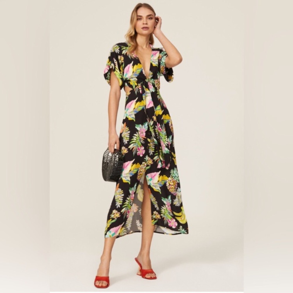LE SUPERBE MAI THAI FLORAL PINEAPPLE MIDI BLACK DRESS WOMENS 2